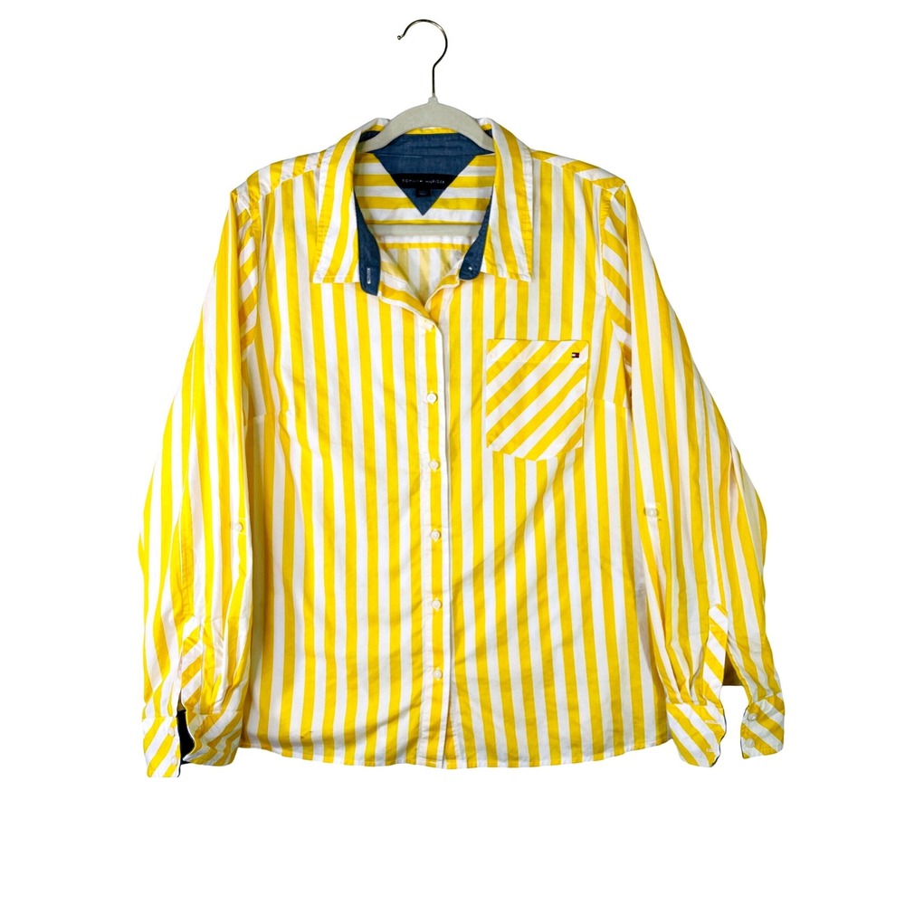 Tommy Hilfiger Womens XL Yellow White Striped Button Down Shirt Roll Tab Sleeve